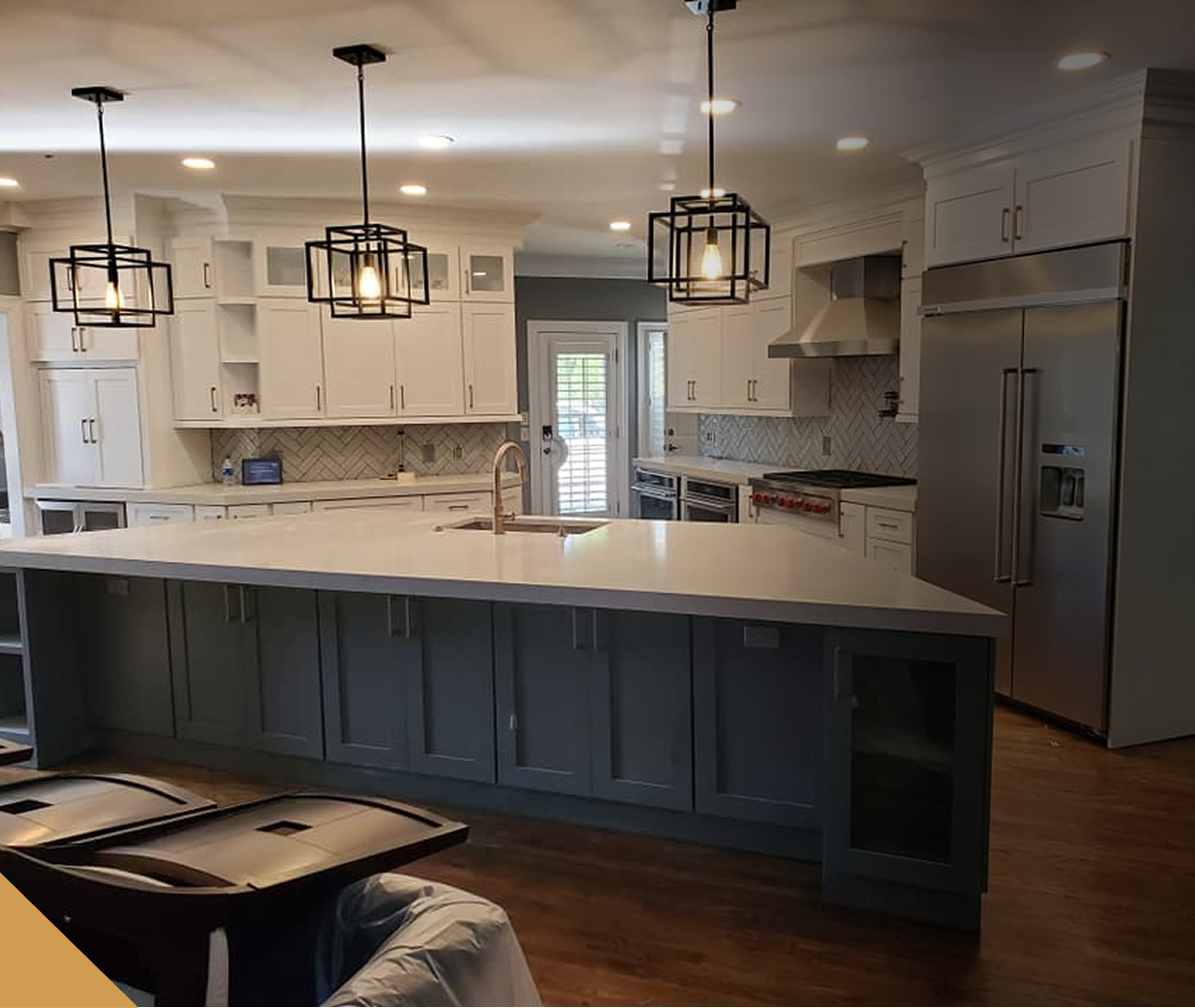 Modern kitchen with large island and lights