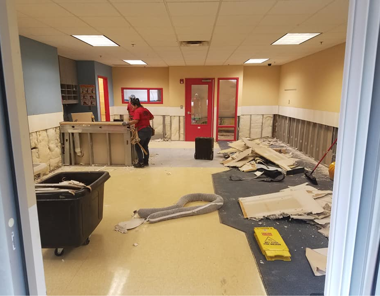 Renovation process with construction materials visible