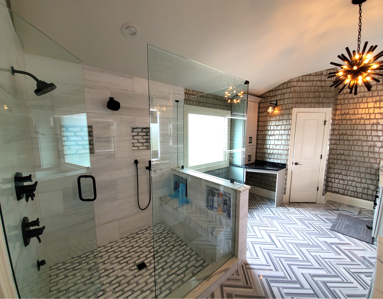 Stylish bathroom with unique lighting fixtures